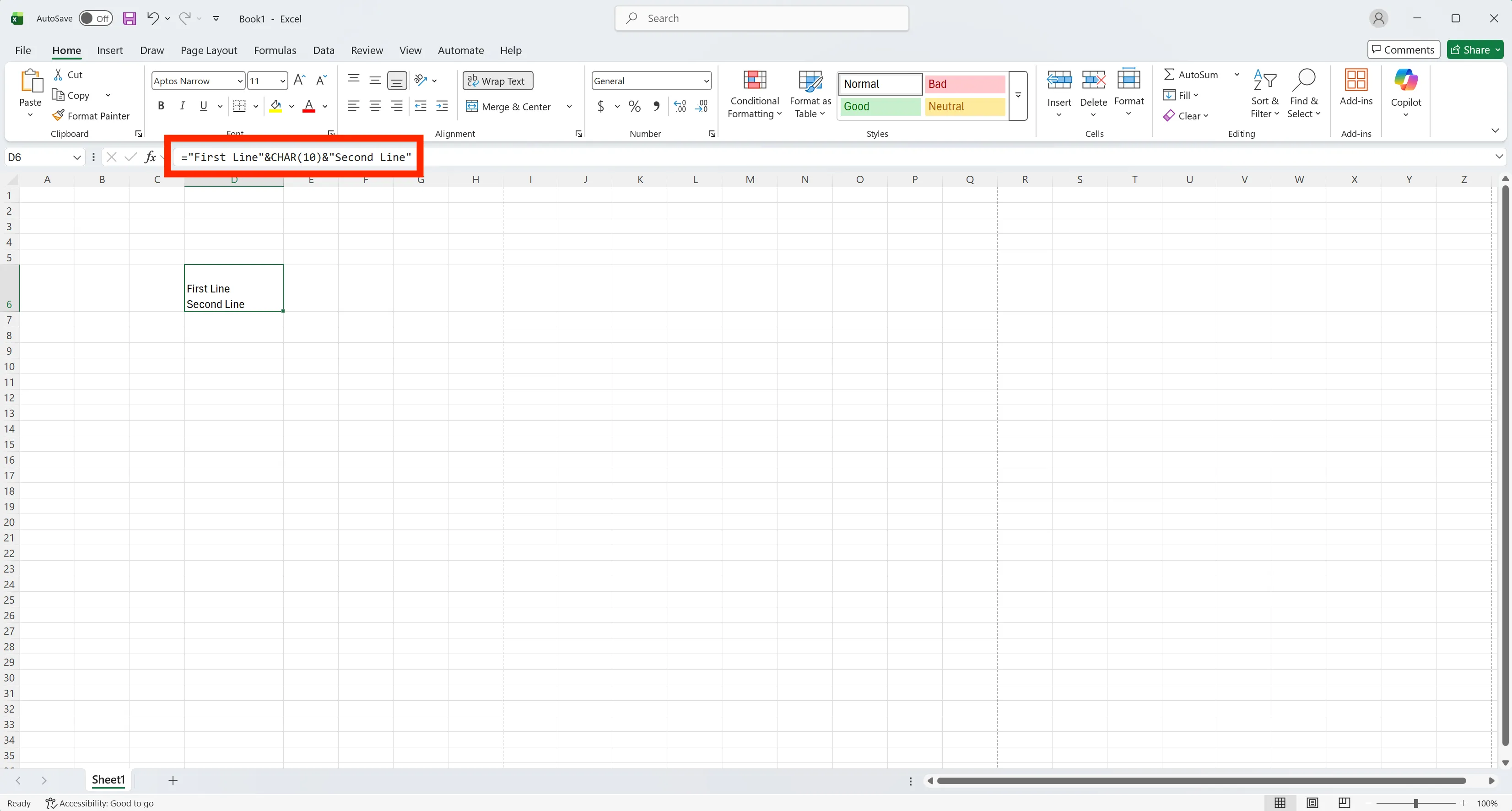 CHAR 10 formula in Excel formula bar combining First Line and Second Line with a line break