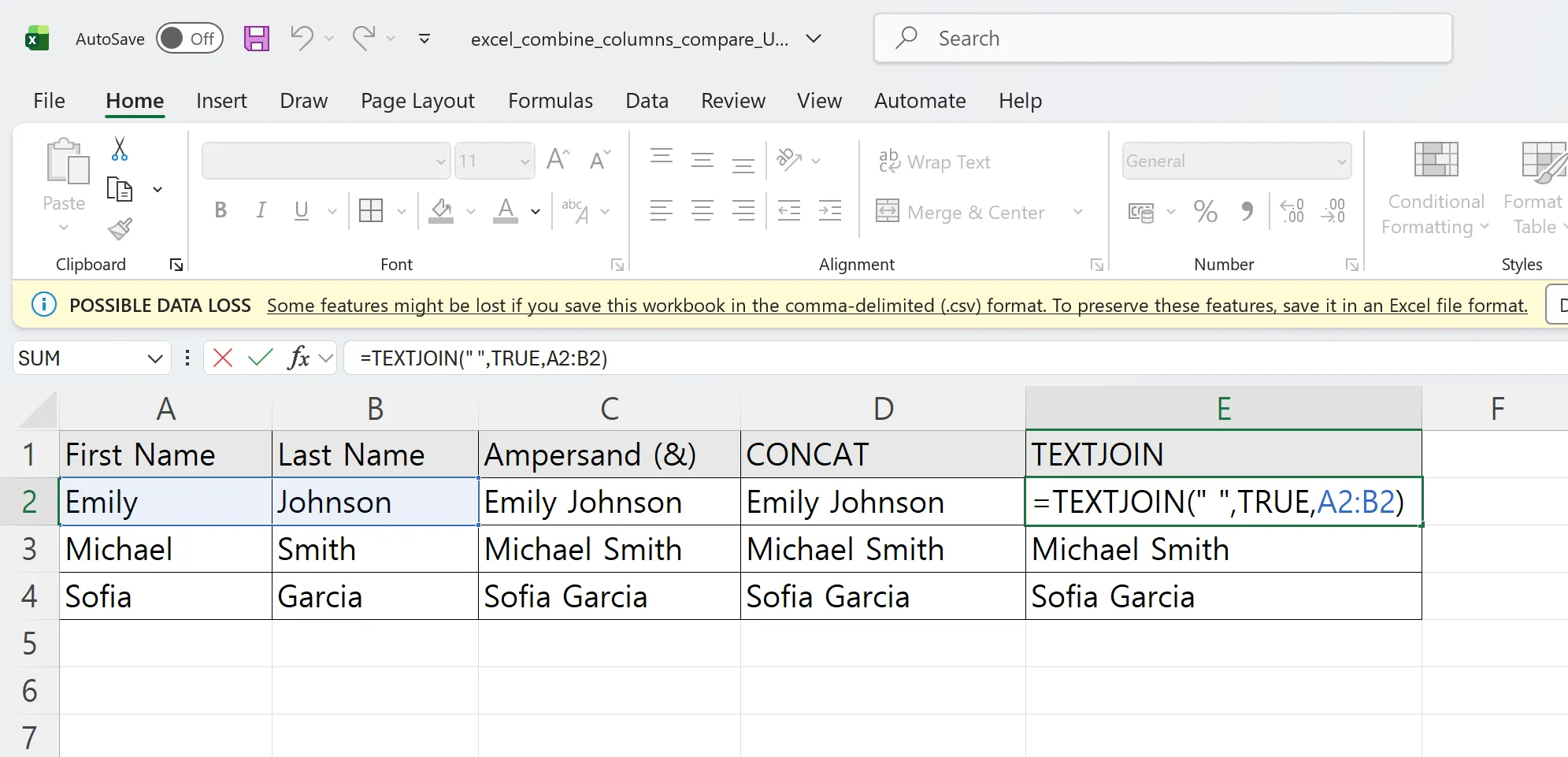 Side-by-side comparison of Ampersand, CONCAT, and TEXTJOIN results for combining name columns