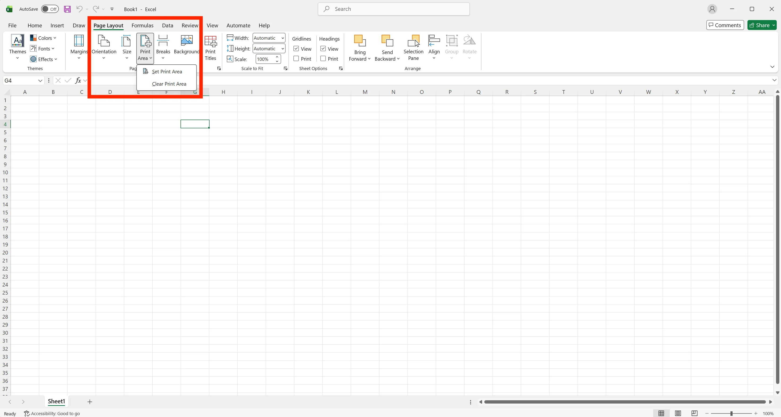 Excel Page Layout tab with Print Area dropdown showing Set Print Area option