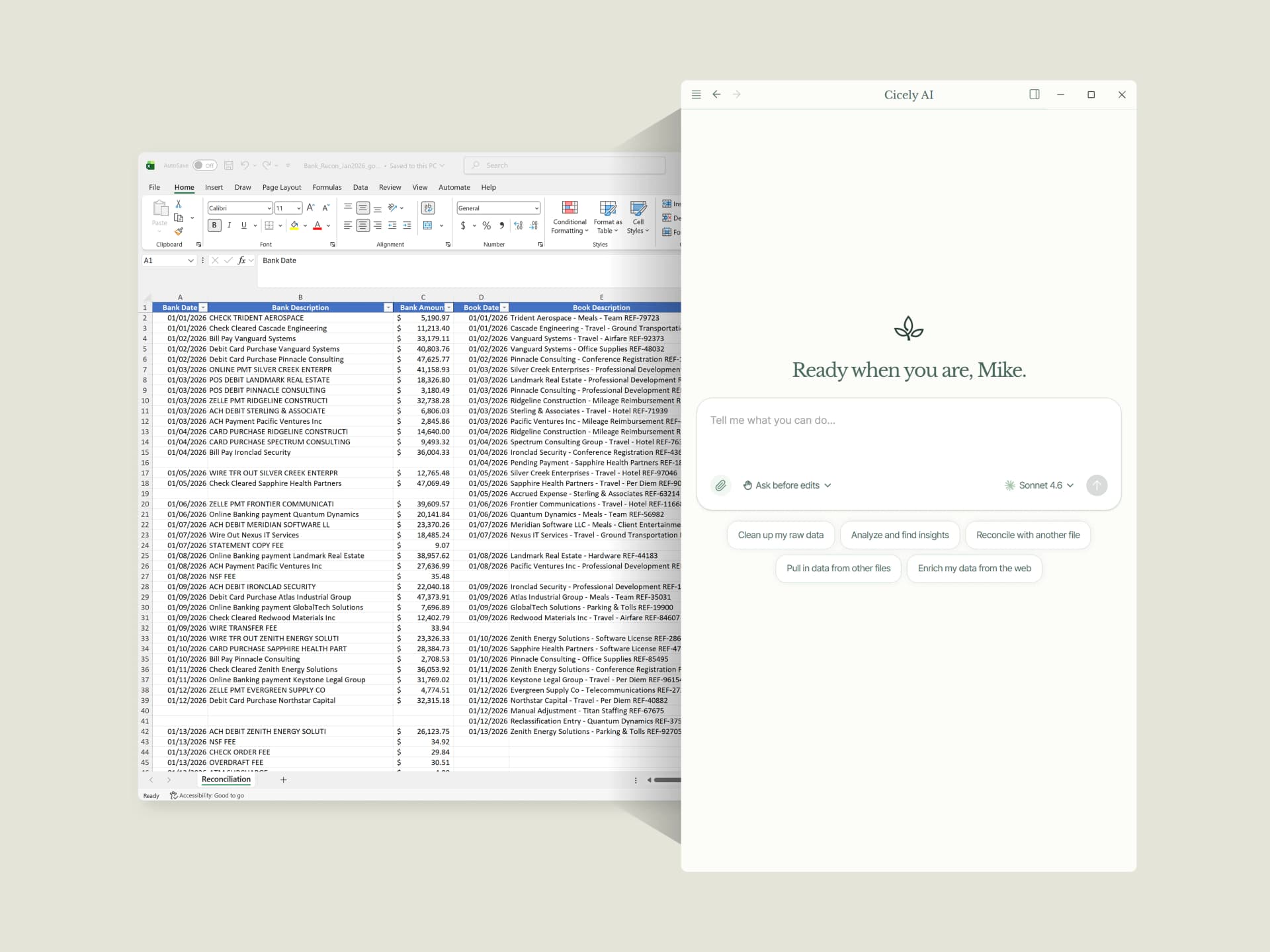 Cicely AI desktop app alongside an Excel bank reconciliation spreadsheet