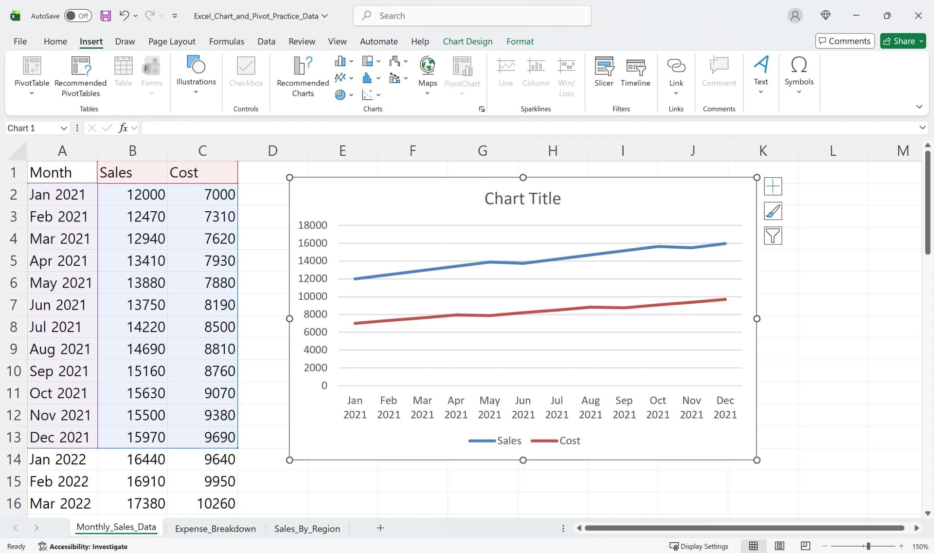 Excel worksheet with monthly Sales and Cost data and an embedded line chart