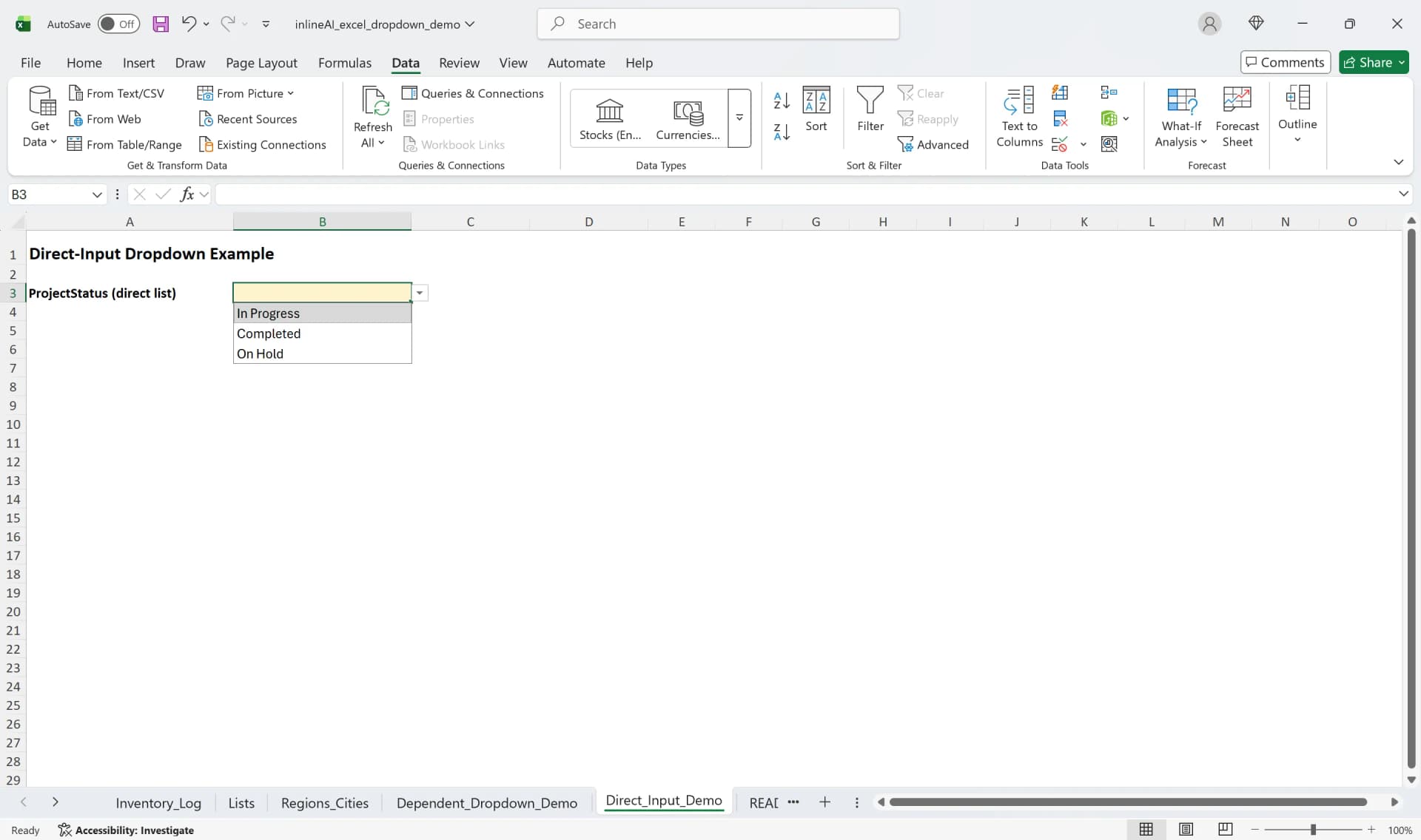 Excel drop-down list showing In Progress, Completed, and On Hold options in a cell