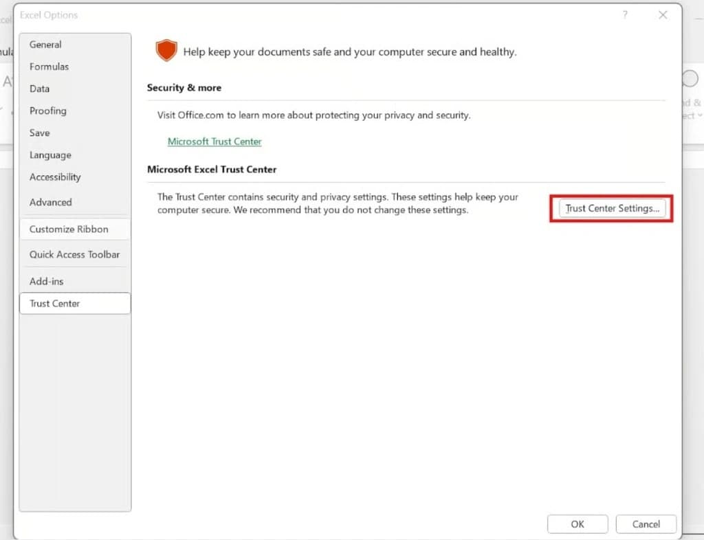 Excel Options dialog with Trust Center selected and Trust Center Settings button highlighted