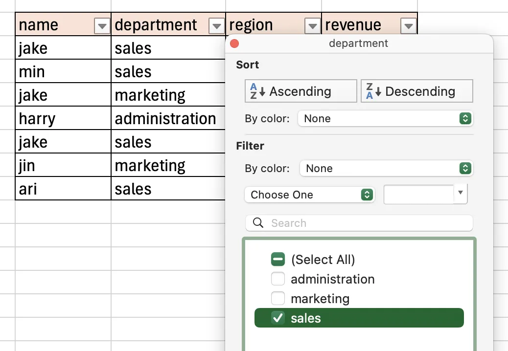 Filter dropdown on department column with only sales checked