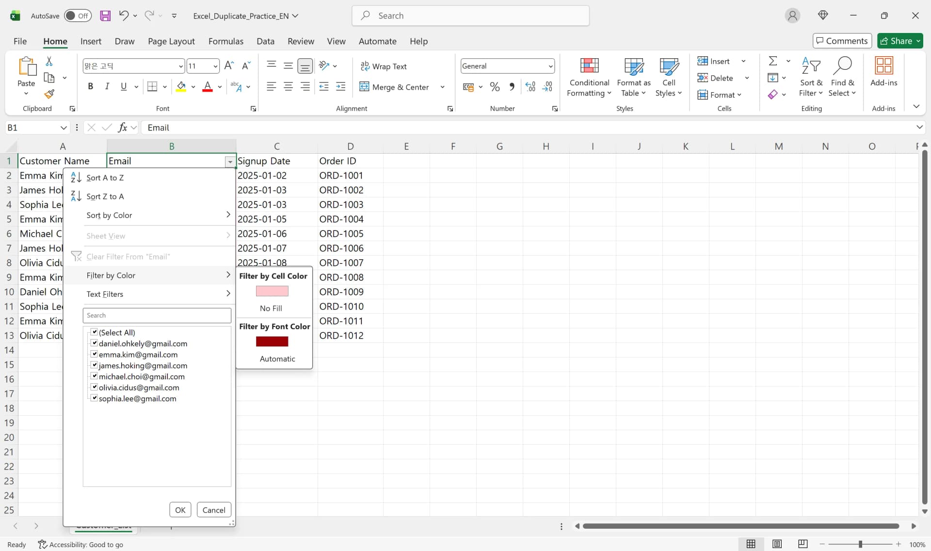 Excel filter dropdown showing Filter by Color option to isolate duplicate rows