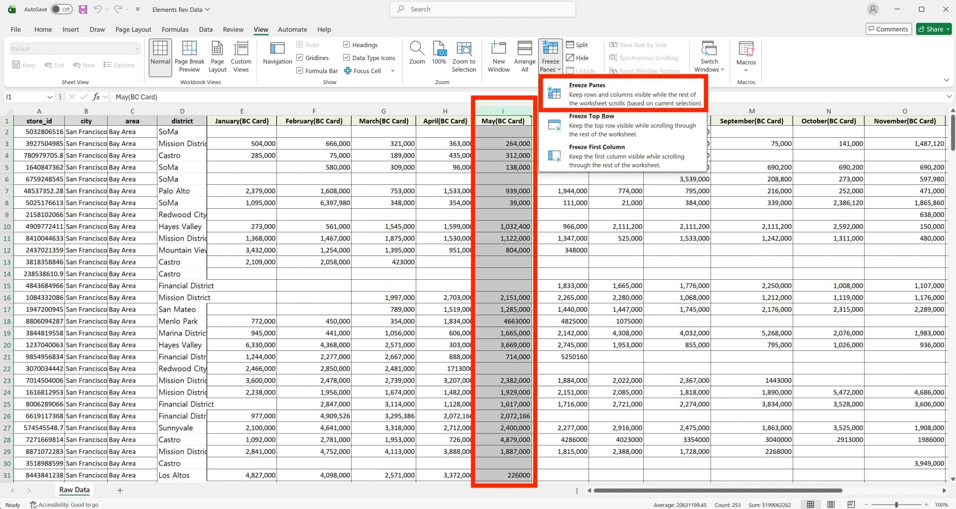 Selecting a cell below the target rows before using Freeze Panes to freeze multiple rows