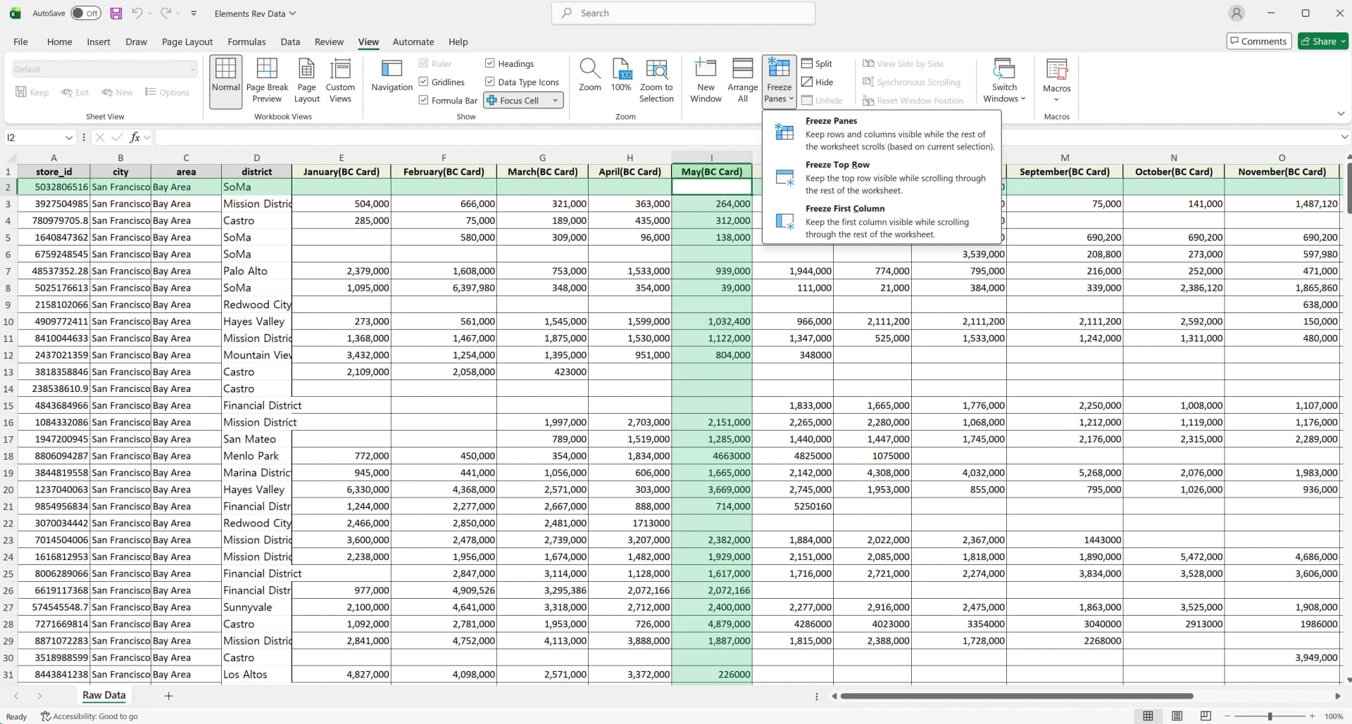 Selecting cell I2 to freeze both the header row and first column using Freeze Panes
