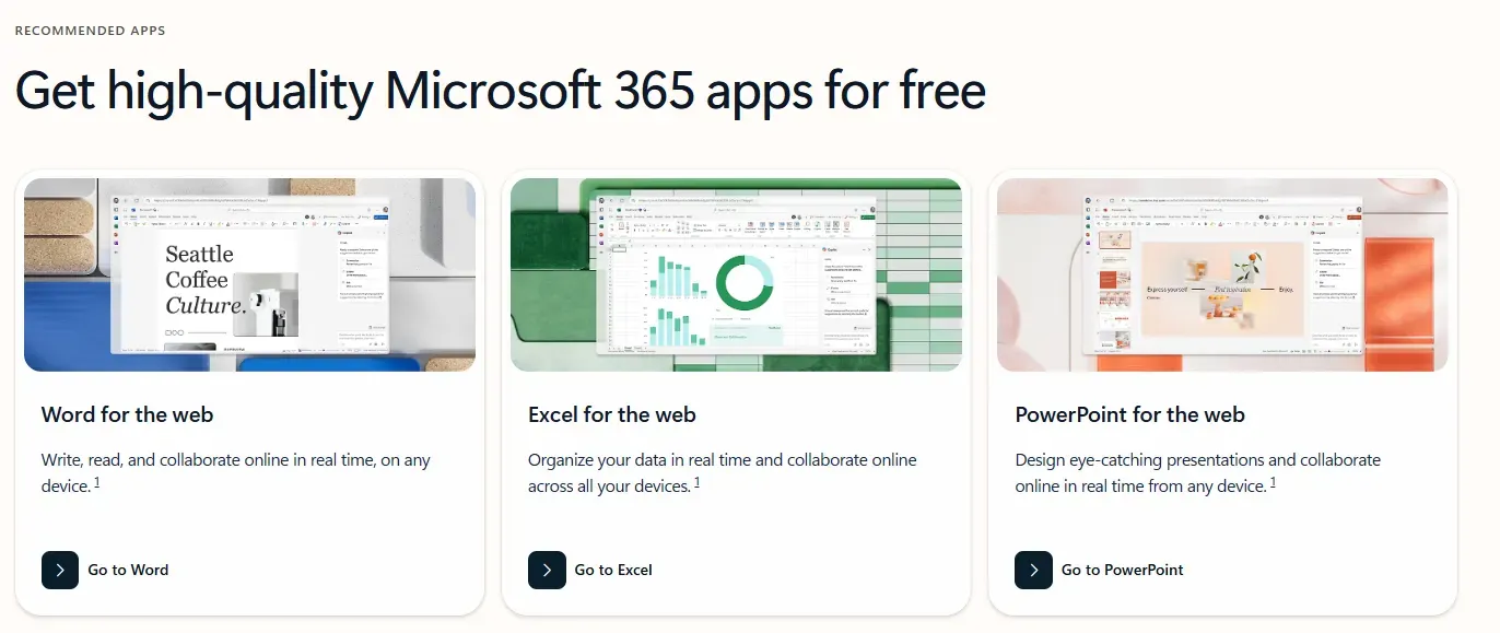 Microsoft 365 web page showing free Word, Excel, and PowerPoint apps