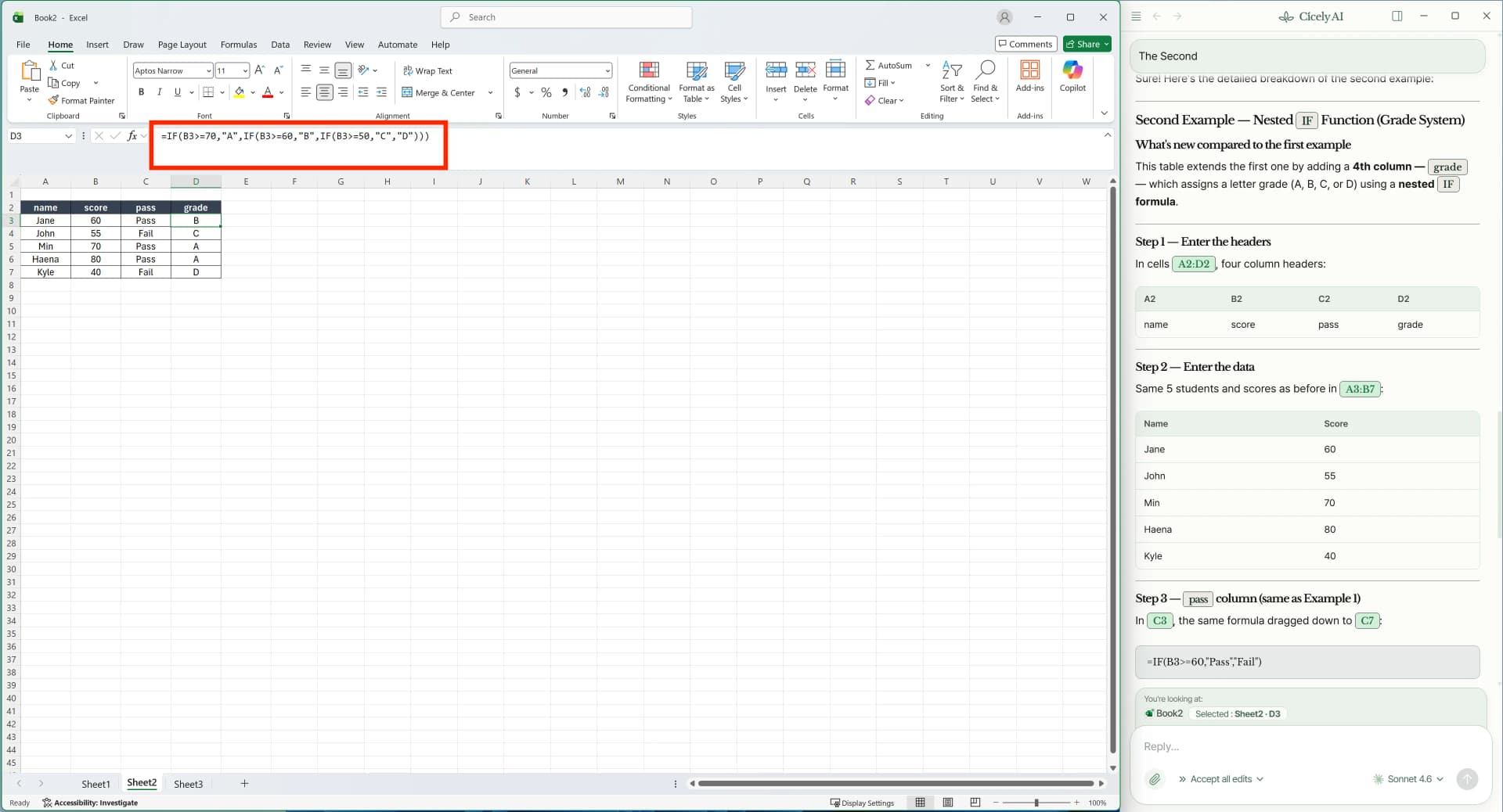 Nested IF formula in Excel assigning letter grades A through D based on score ranges
