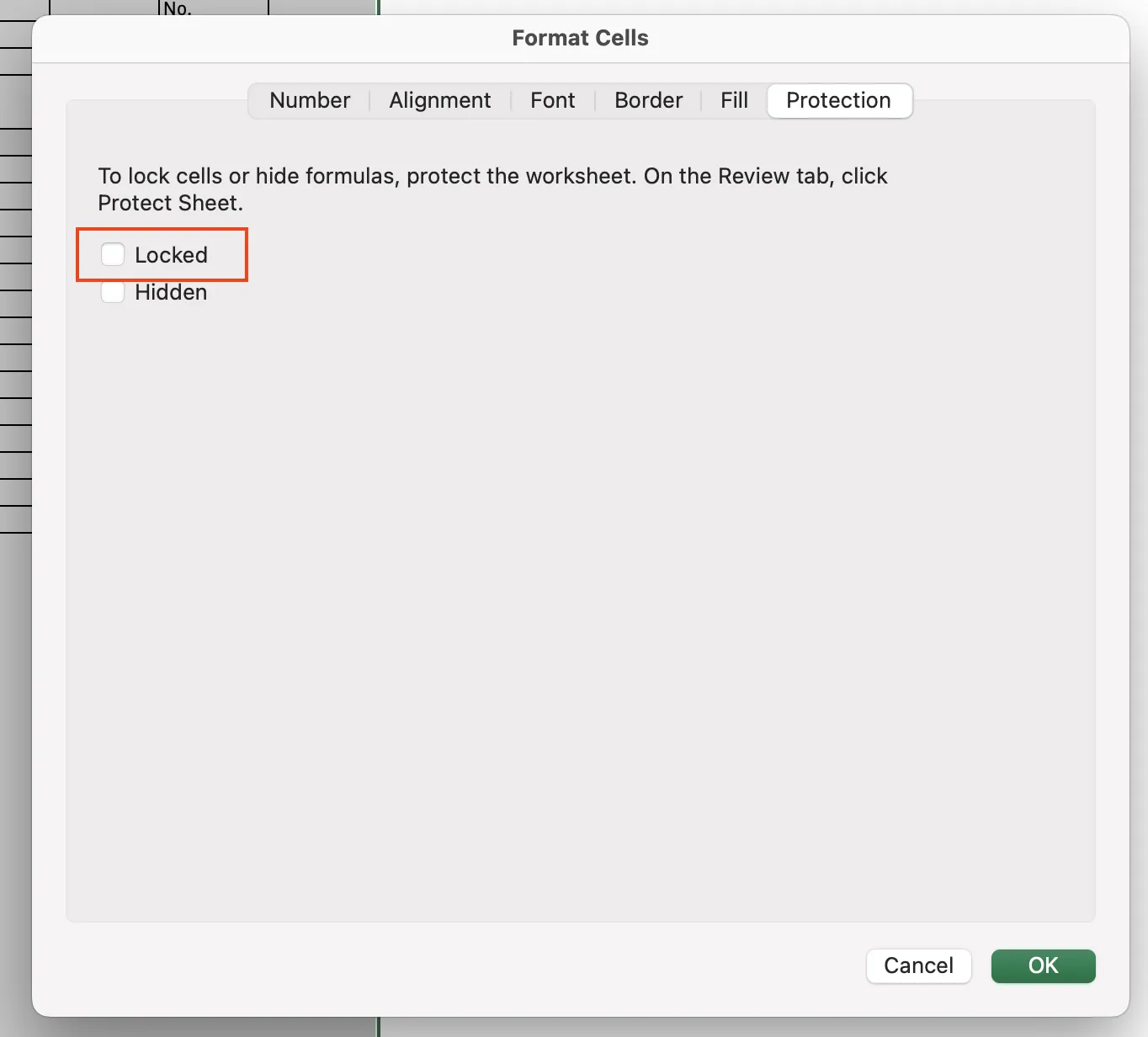 Format Cells Protection tab with Locked checkbox unchecked to unlock all cells