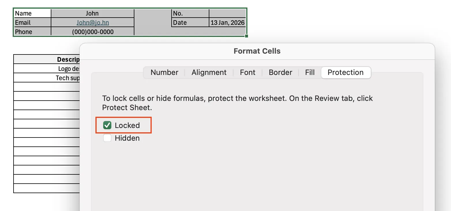 Format Cells Protection tab with Locked checkbox re-enabled for specific formula cells