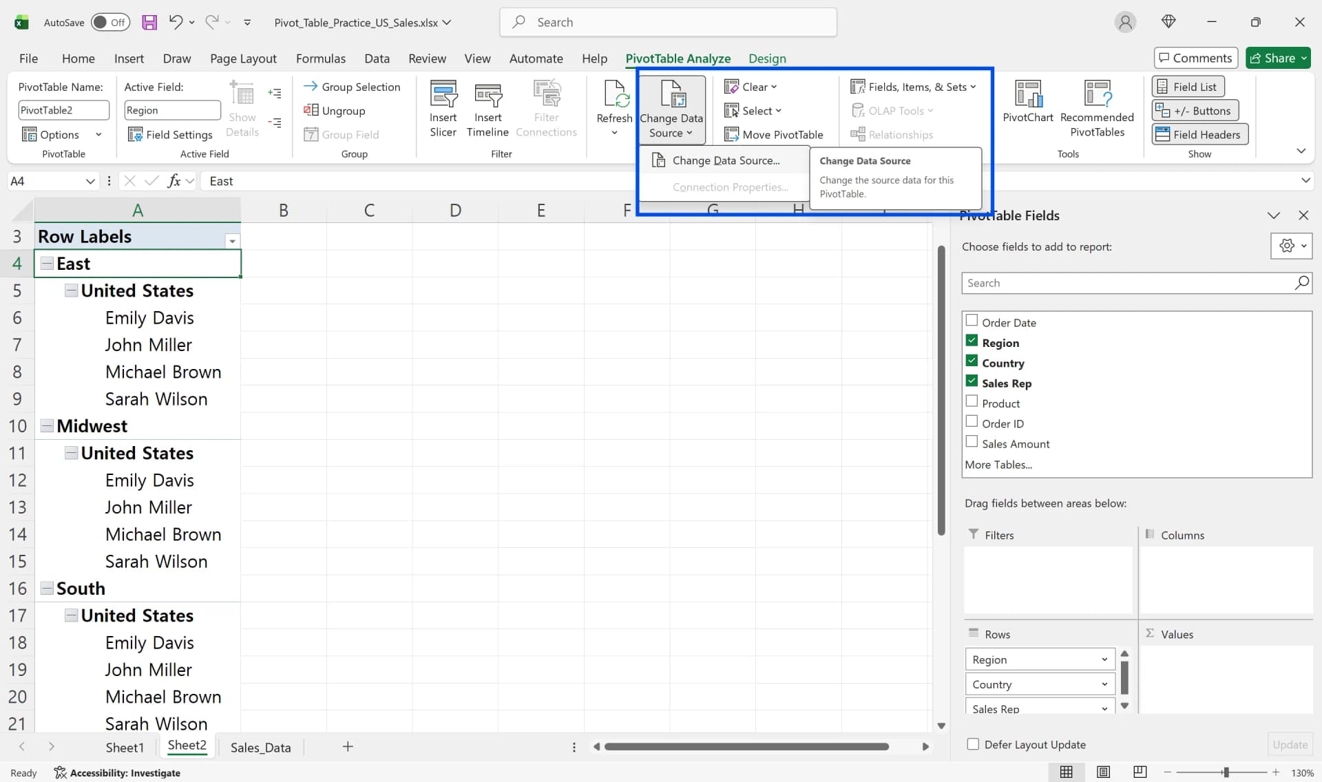 PivotTable Analyze tab with Change Data Source dropdown menu open