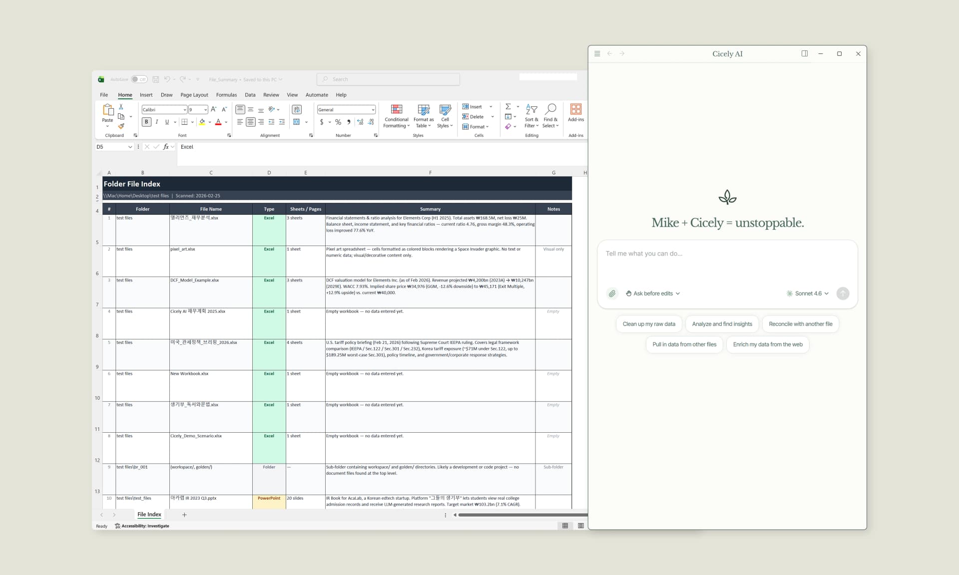 Cicely AI desktop app ready to work alongside an Excel workbook with file index data