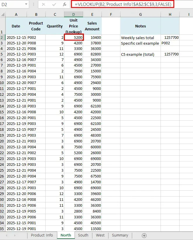 Excel VLOOKUP formula referencing the Product Info sheet to look up unit prices