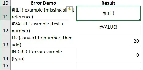 Excel error demo showing #REF! error caused by a missing or renamed sheet reference
