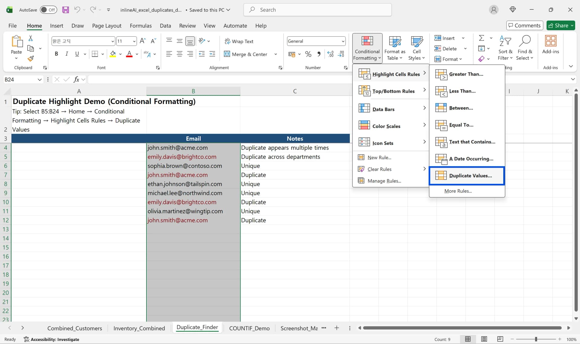 Conditional Formatting Highlight Cells Rules menu with Duplicate Values option in Excel