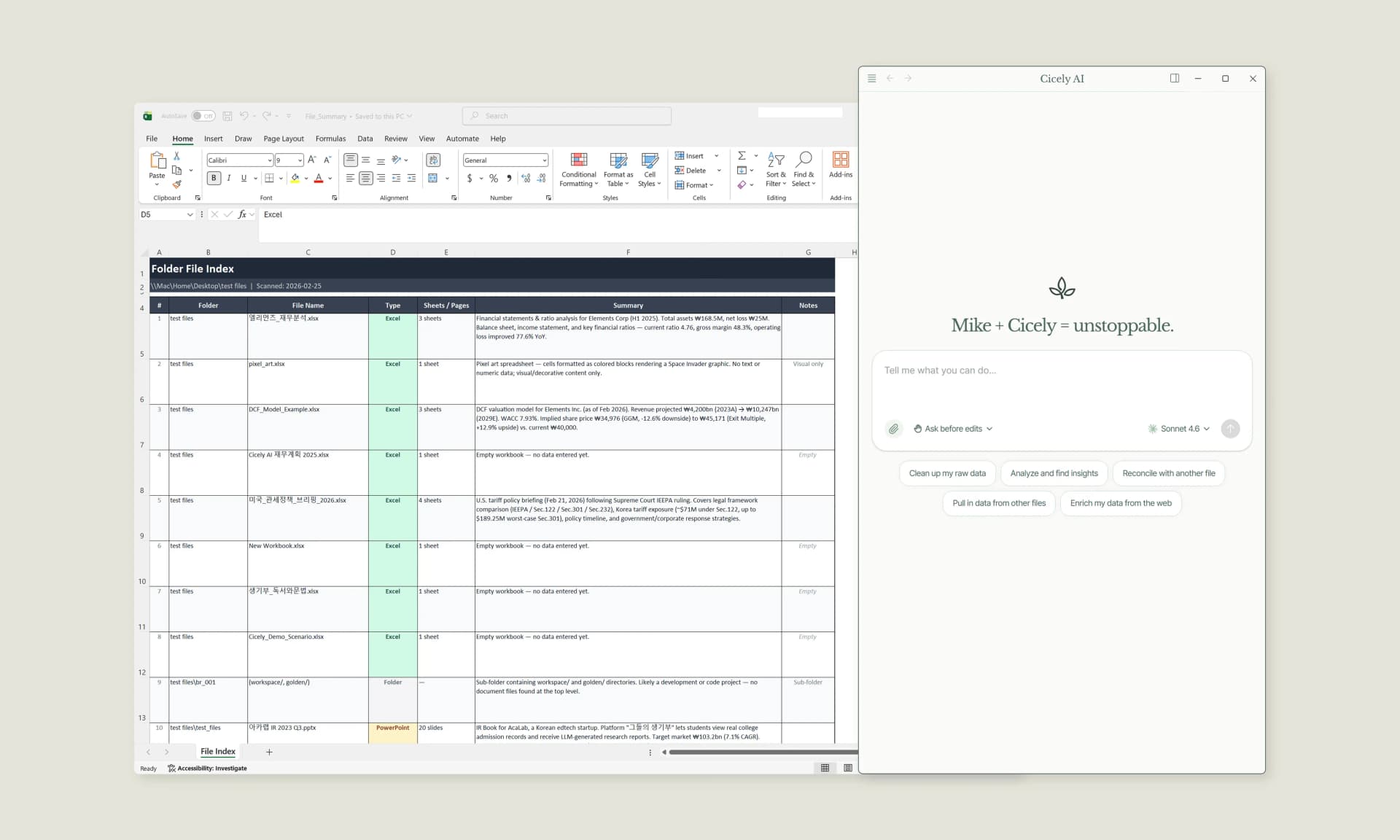 Cicely AI desktop app working alongside Excel to automate duplicate removal tasks