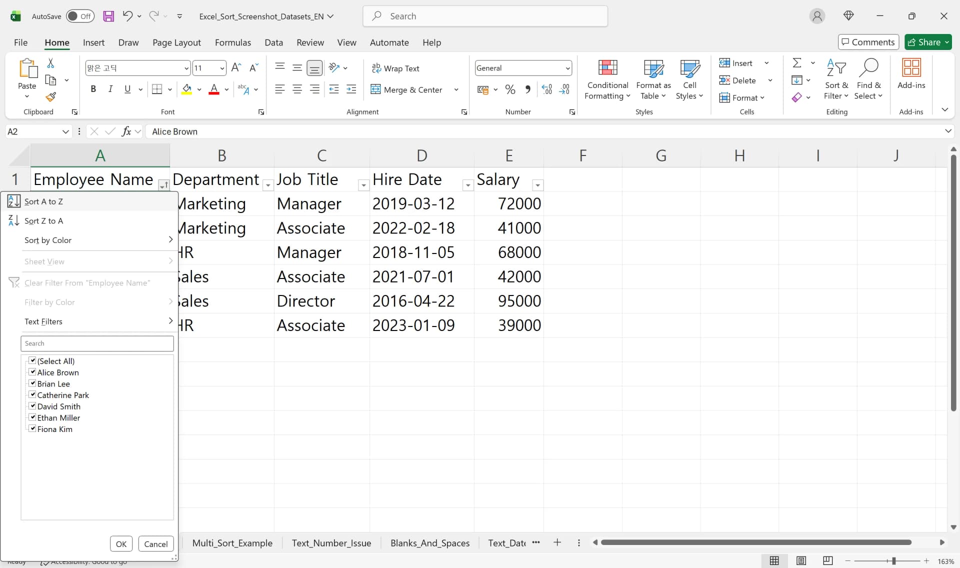 Column filter dropdown with Sort A to Z and Sort Z to A options for Employee Name