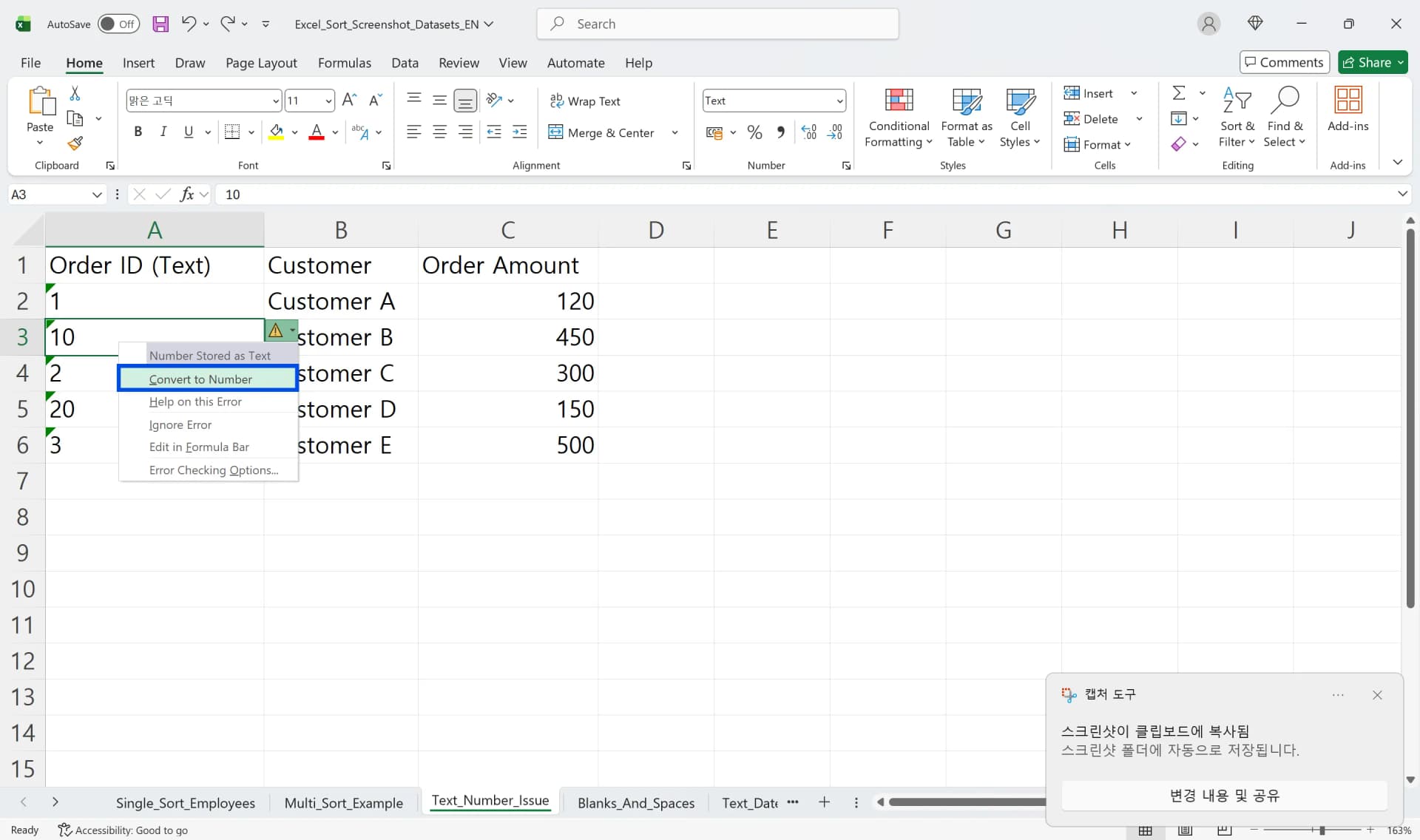 Excel Number Stored as Text warning with Convert to Number option highlighted