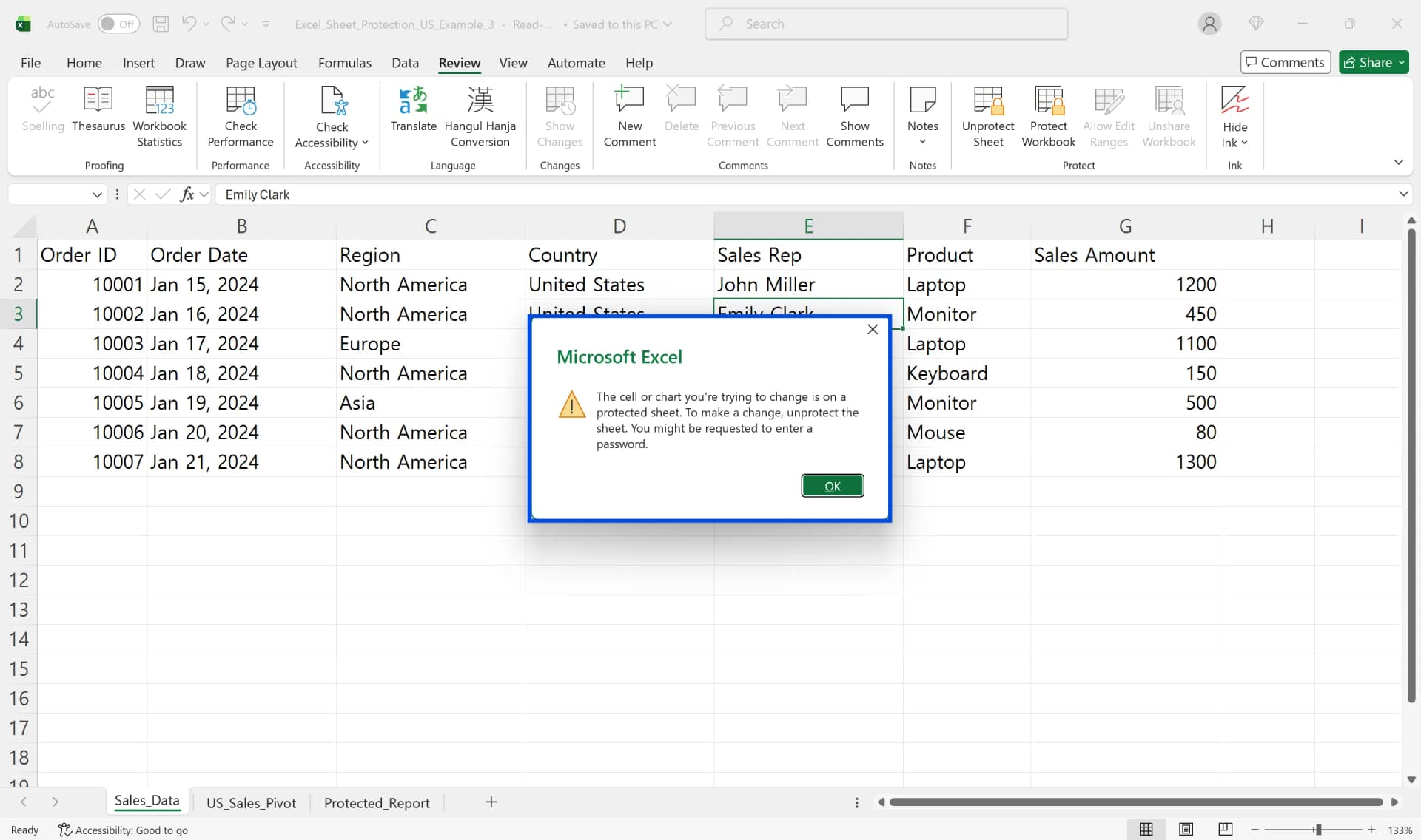 Excel warning dialog saying the cell is on a protected sheet and cannot be changed