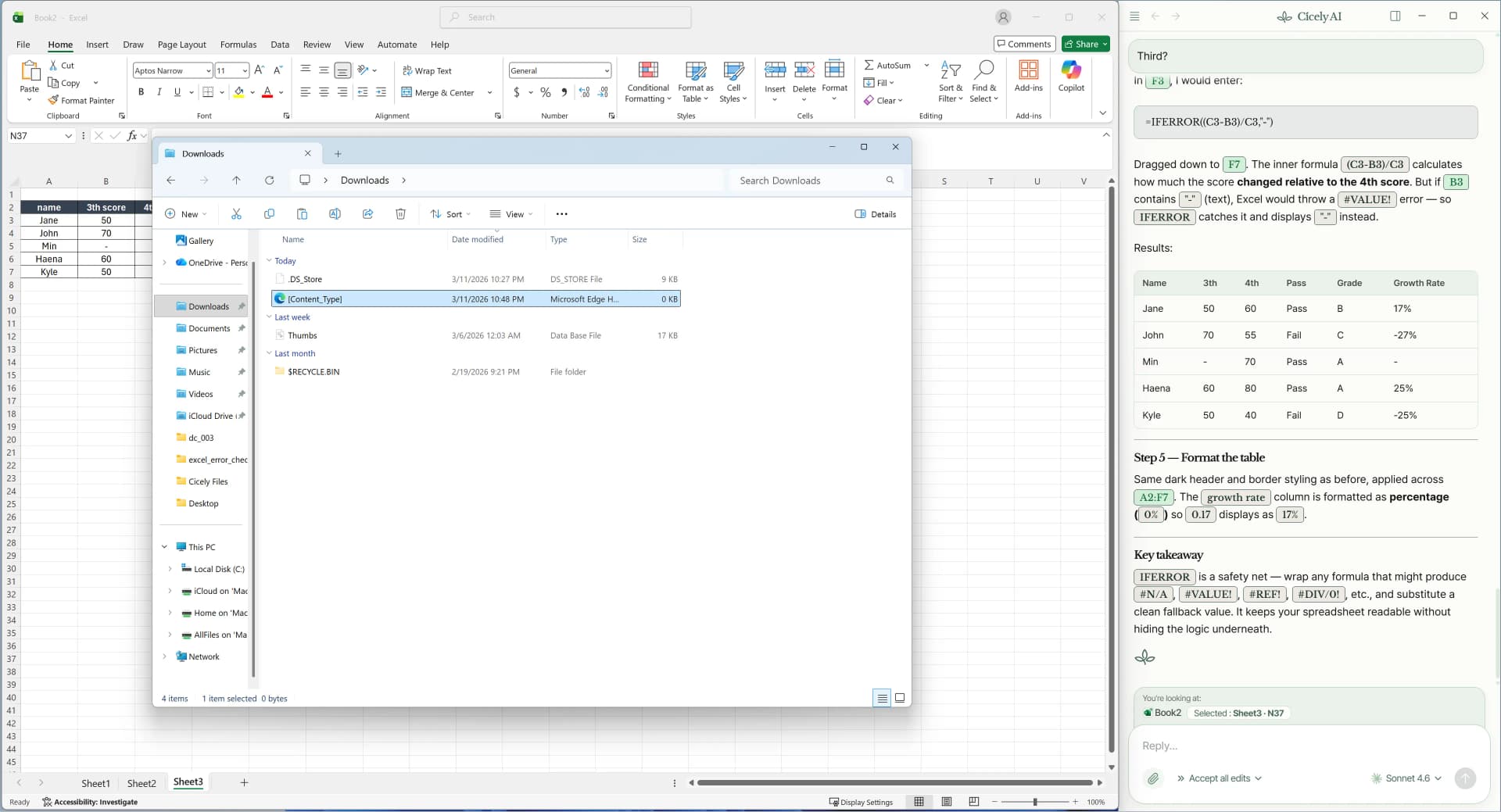 File explorer showing renamed Excel file with Content_Types XML extracted from zip