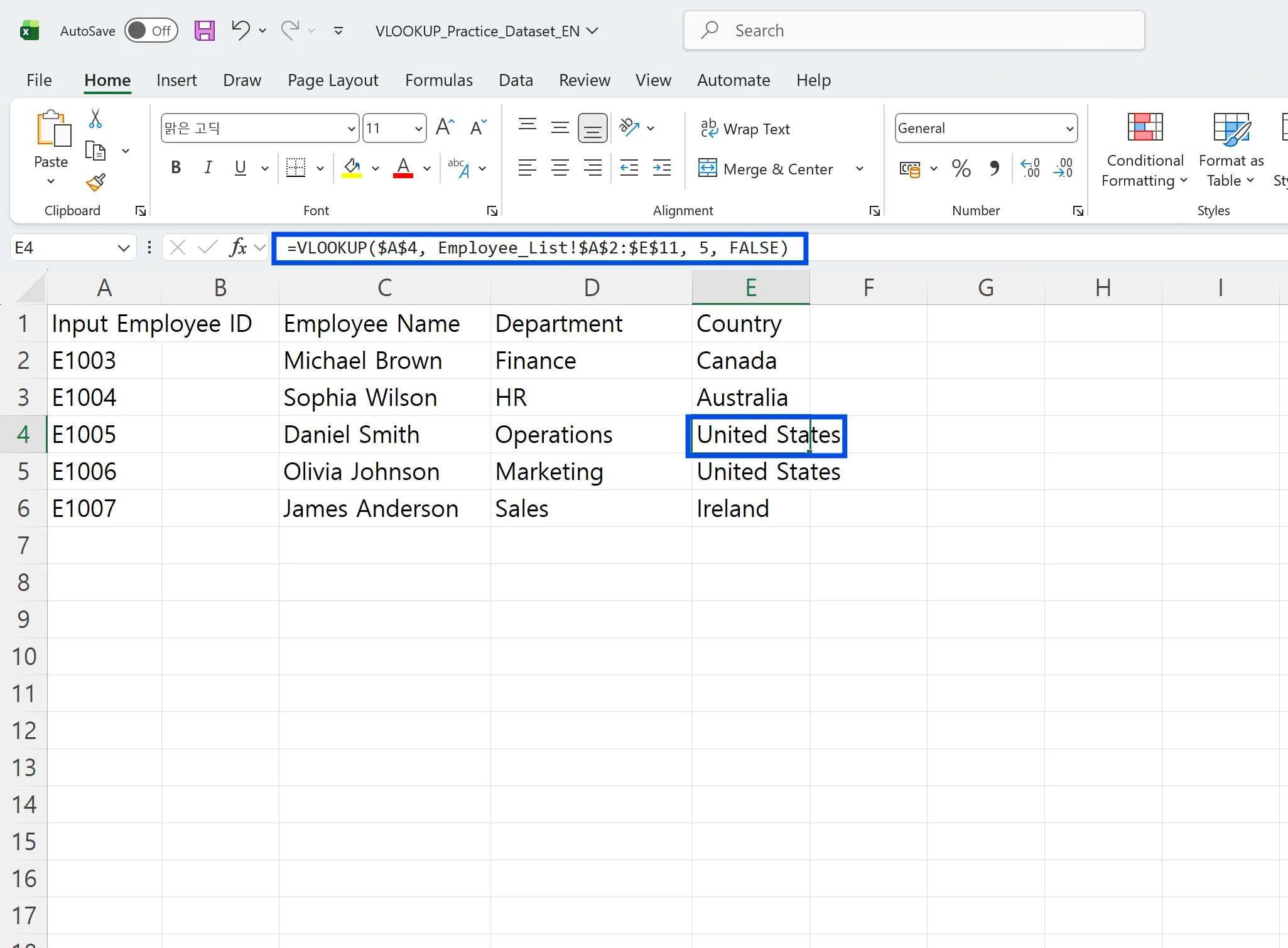 VLOOKUP formula in Excel returning employee country data from a separate sheet