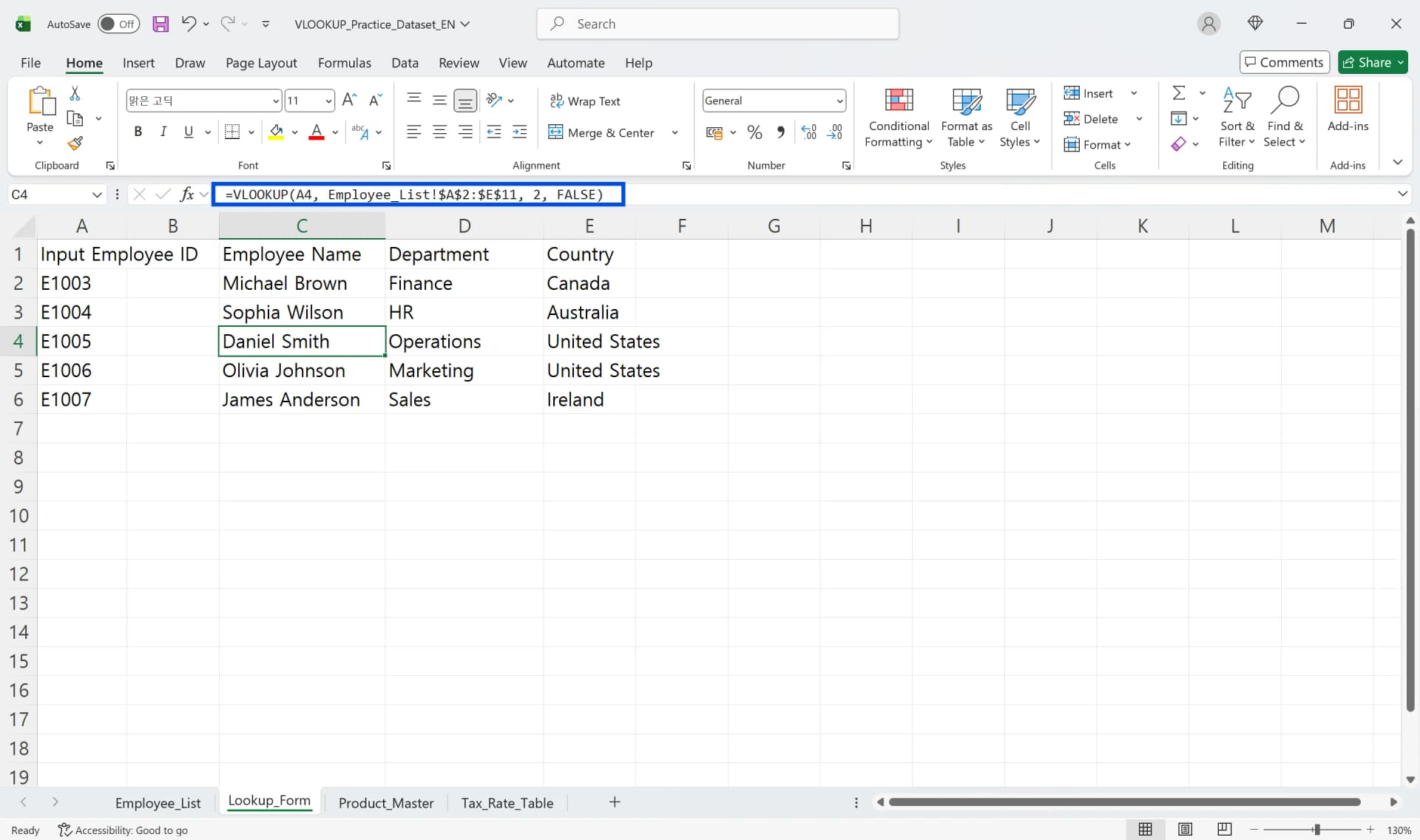 VLOOKUP example retrieving employee names across sheets using exact match