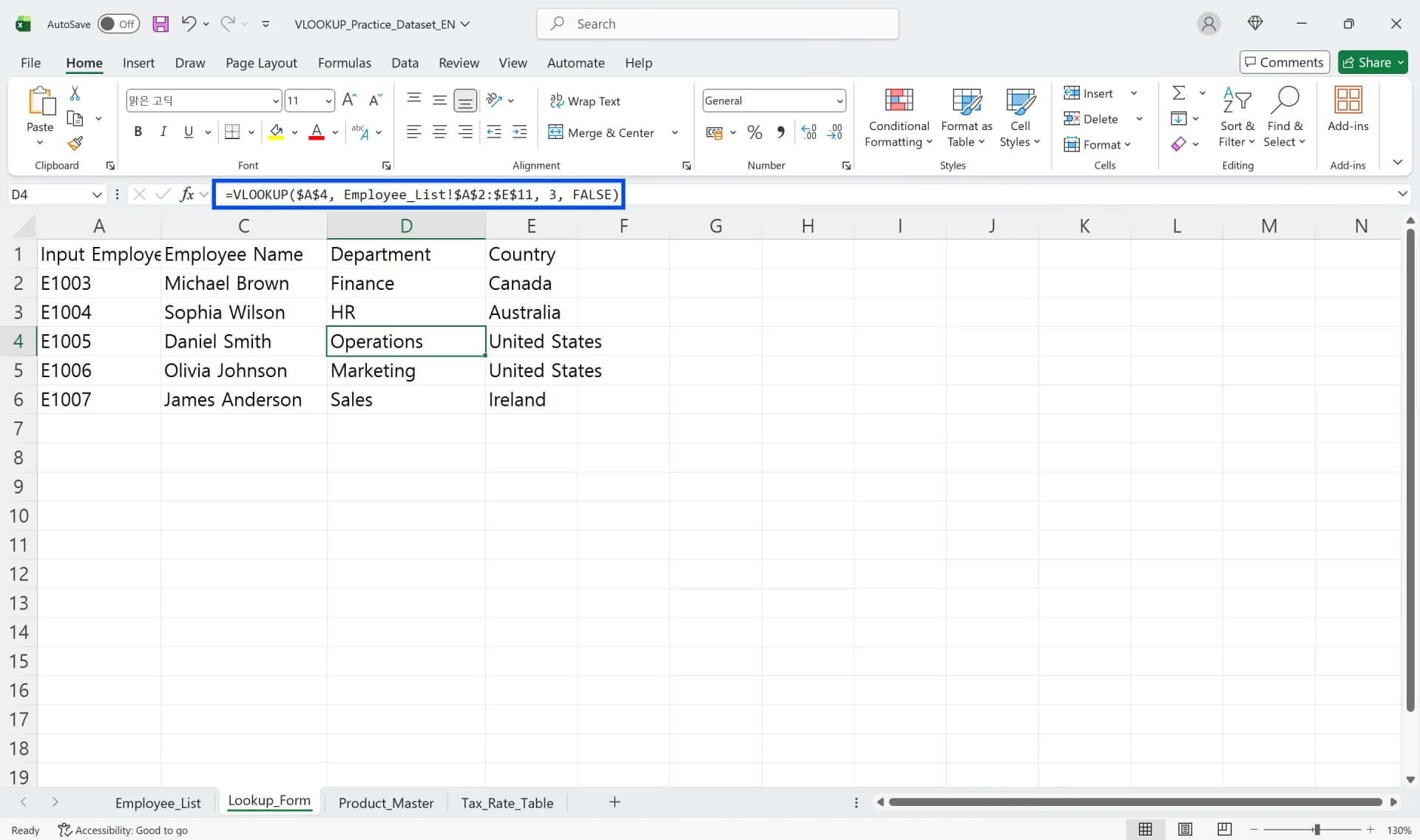 VLOOKUP formula returning department column from Employee_List sheet