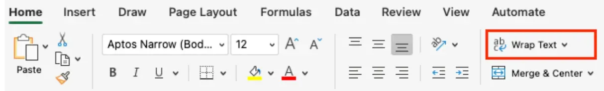 Excel Home tab showing the Wrap Text button in the Alignment group